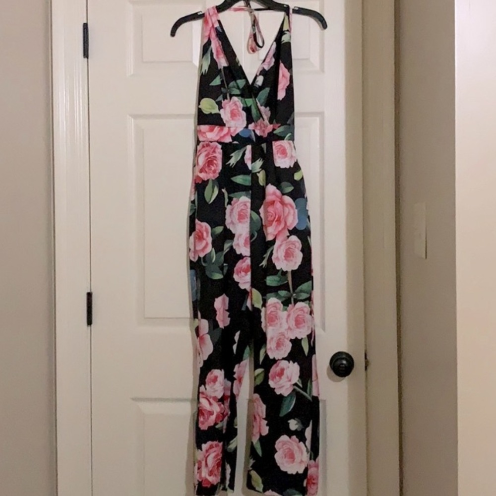 Floral Halter Tie Open Back Jumpsuit